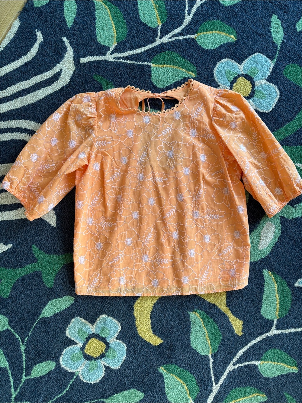 LOFT Orange Embroidered Puff-Sleeve Blouse Size XS